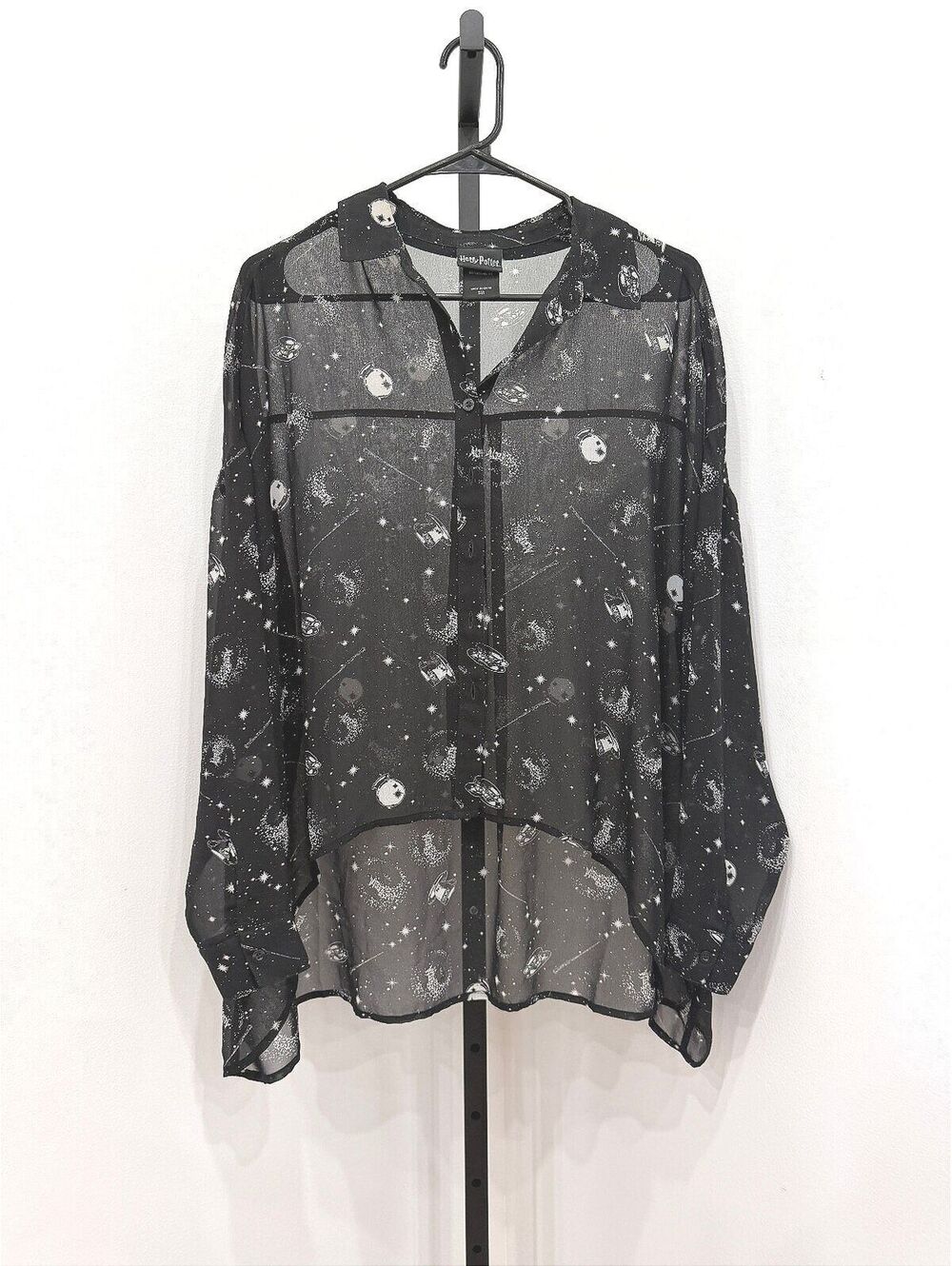 Harry Potter Sheer Black Button-Up Blouse with Magical Print, Size Small